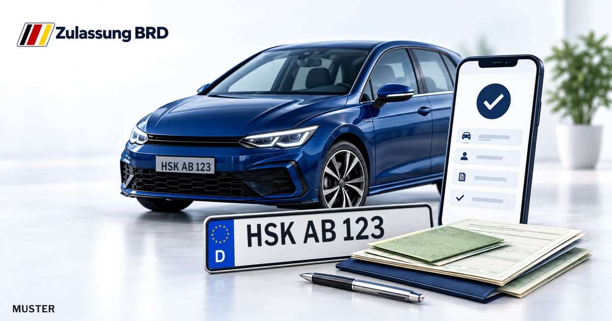 Online Fahrzeugzulassung in Sundern (Sauerland): Musterkennzeichen HSK AB 123, Auto und Fahrzeugpapiere und Smartphone. Illustration mit Logo von Zulassung BRD.